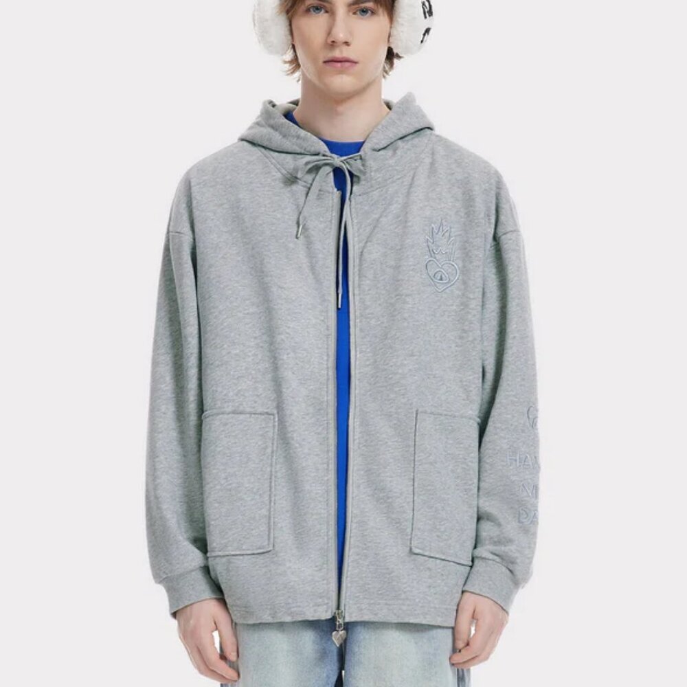 Aelfric Eden Unisex Embroidery Rabbit Ears Zip Up Hoodie Gray